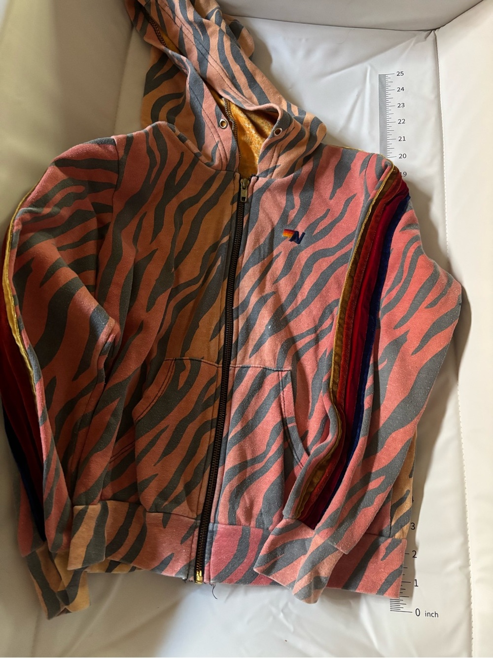 Aviator Nation Coral and Gray Tiger Stripe Hoodie with Multicolor Sleeve Stripes